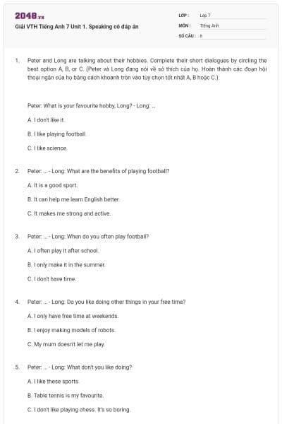 Giải VTH Tiếng Anh 7 Unit 1. Speaking có đáp án