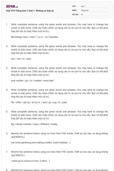 Giải VTH Tiếng Anh 7 Unit 1. Writing có đáp án