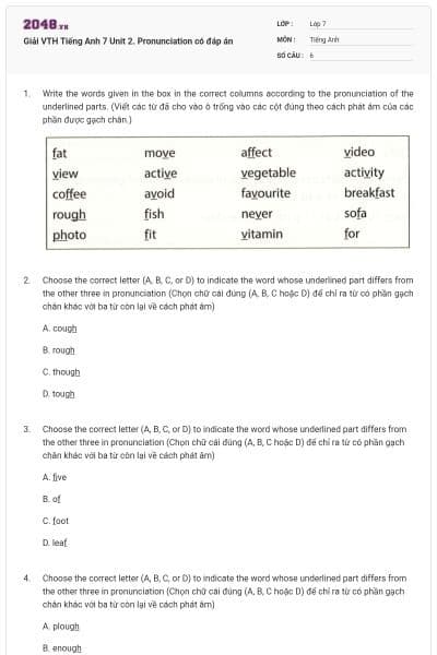 Giải VTH Tiếng Anh 7 Unit 2. Pronunciation có đáp án