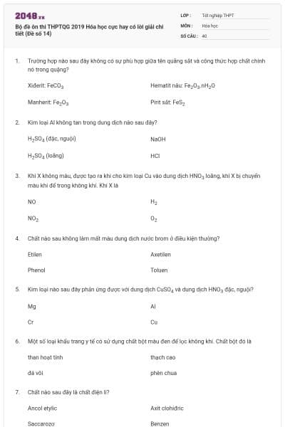Bộ đề ôn thi THPTQG 2019 Hóa học cực hay có lời giải chi tiết (Đề số 14)