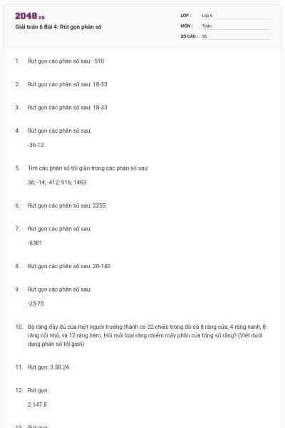 Giải toán 6 Bài 4: Rút gọn phân số