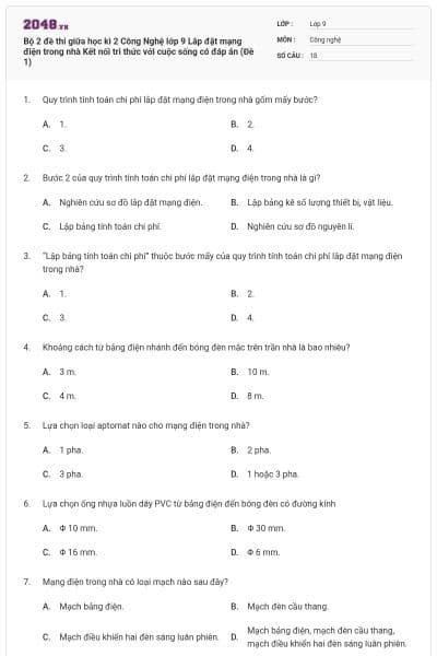 Bộ 2 đề thi giữa học kì 2 Công Nghệ lớp 9 Lắp đặt mạng điện trong nhà Kết nối tri thức với cuộc sống có đáp án (Đề 1)