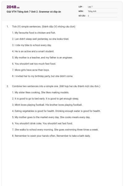 Giải VTH Tiếng Anh 7 Unit 2. Grammar có đáp án