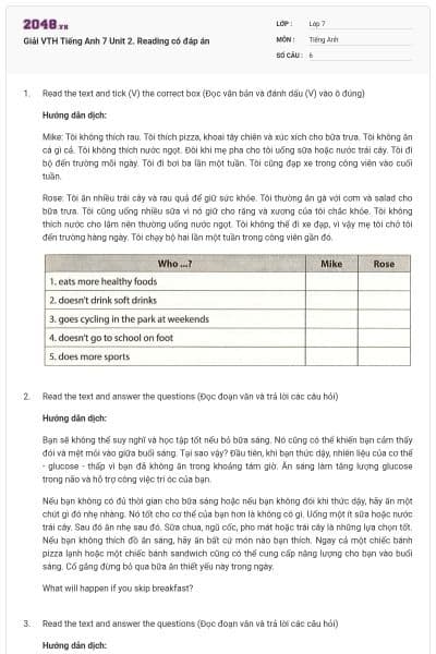 Giải VTH Tiếng Anh 7 Unit 2. Reading có đáp án