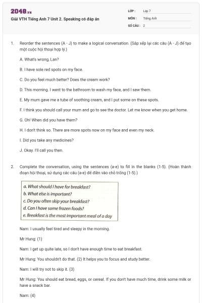 Giải VTH Tiếng Anh 7 Unit 2. Speaking có đáp án