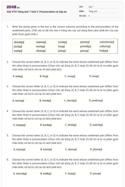 Giải VTH Tiếng Anh 7 Unit 3. Pronunciation có đáp án