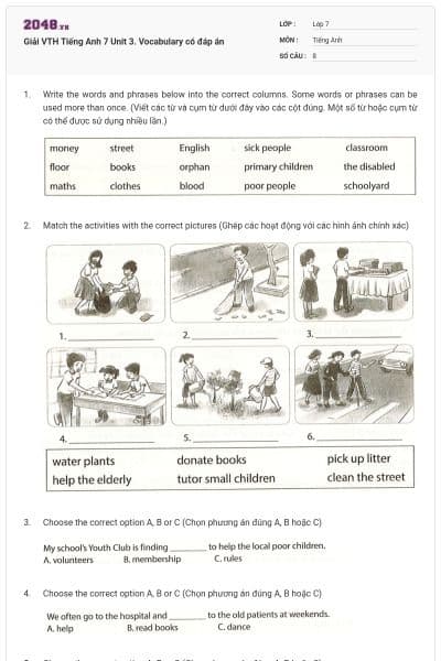 Giải VTH Tiếng Anh 7 Unit 3. Vocabulary có đáp án