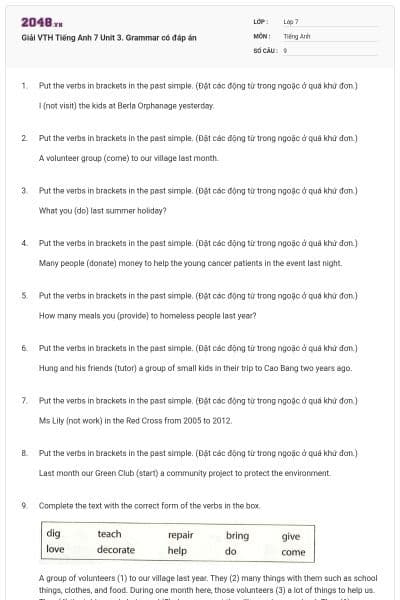 Giải VTH Tiếng Anh 7 Unit 3. Grammar có đáp án