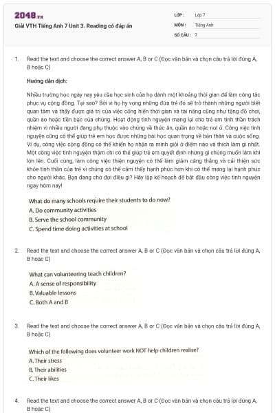 Giải VTH Tiếng Anh 7 Unit 3. Reading có đáp án