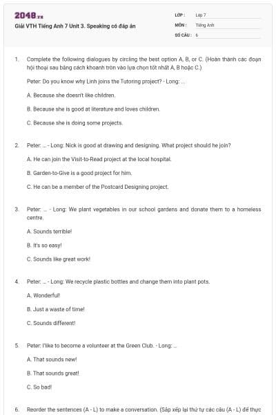 Giải VTH Tiếng Anh 7 Unit 3. Speaking có đáp án