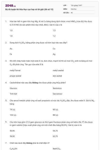 Bộ đề luyện thi Hóa Học cực hay có lời giải (đề số 15)