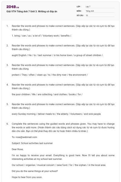 Giải VTH Tiếng Anh 7 Unit 3. Writing có đáp án