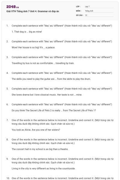 Giải VTH Tiếng Anh 7 Unit 4. Grammar có đáp án