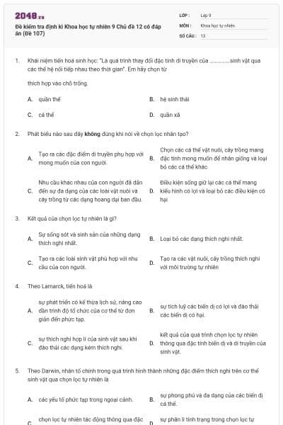 Đề kiểm tra định kì Khoa học tự nhiên 9 Chủ đề 12 có đáp án (Đề 107)