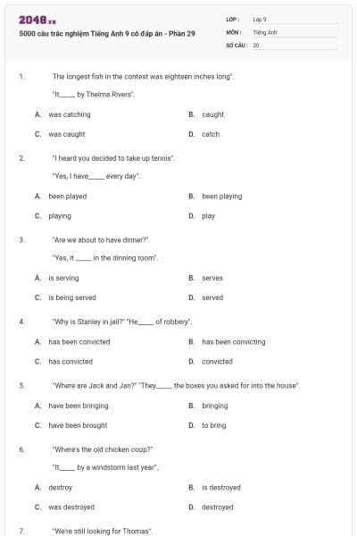 5000 câu trắc nghiệm Tiếng Anh 9 có đáp án - Phần 29