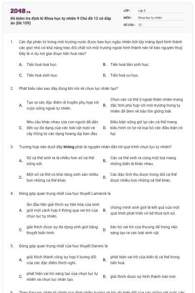 Đề kiểm tra định kì Khoa học tự nhiên 9 Chủ đề 12 có đáp án (Đề 109)