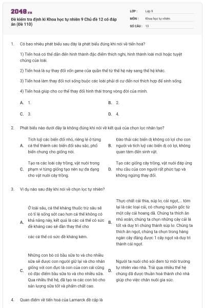 Đề kiểm tra định kì Khoa học tự nhiên 9 Chủ đề 12 có đáp án (Đề 110)