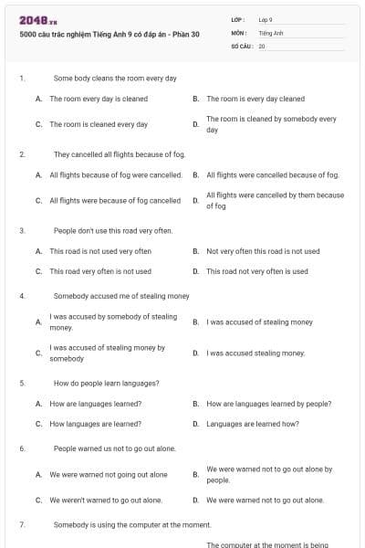 5000 câu trắc nghiệm Tiếng Anh 9 có đáp án - Phần 30