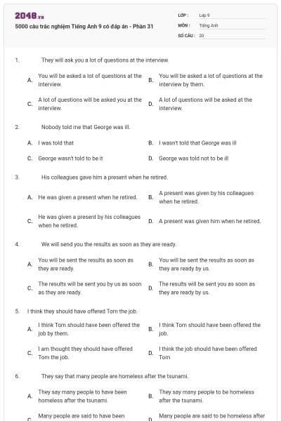 5000 câu trắc nghiệm Tiếng Anh 9 có đáp án - Phần 31