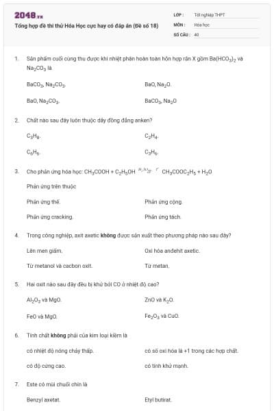 Tổng hợp đề thi thử Hóa Học cực hay có đáp án (Đề số 18)