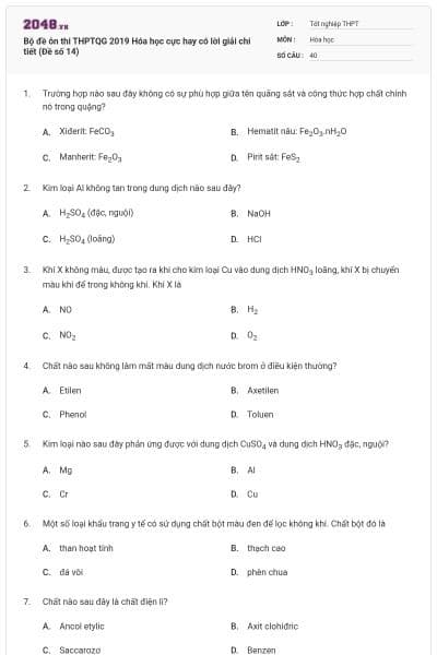 Bộ đề ôn thi THPTQG 2019 Hóa học cực hay có lời giải chi tiết (Đề số 14)