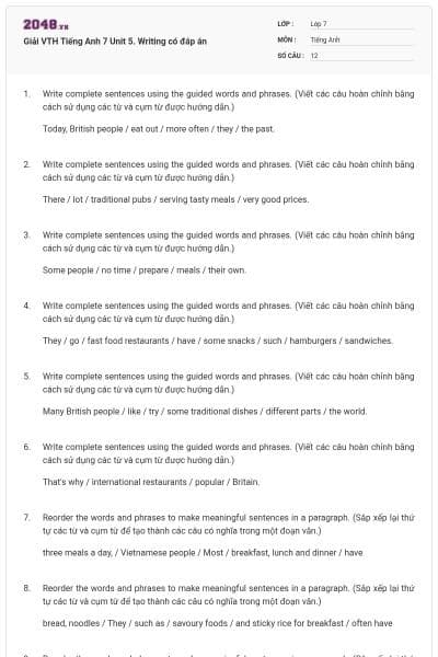 Giải VTH Tiếng Anh 7 Unit 5. Writing có đáp án