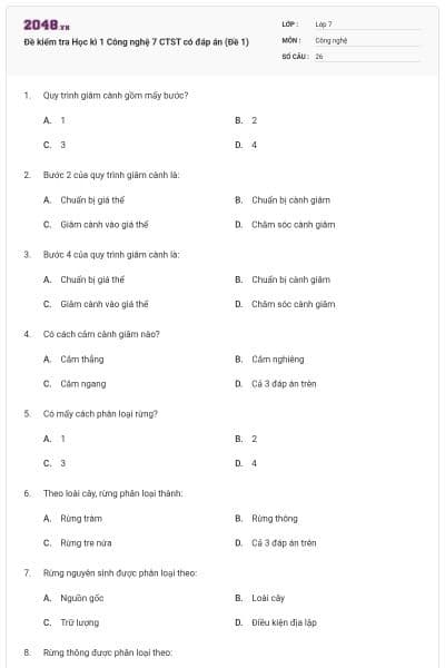 Đề kiểm tra Học kì 1 Công nghệ 7 CTST có đáp án (Đề 1)
