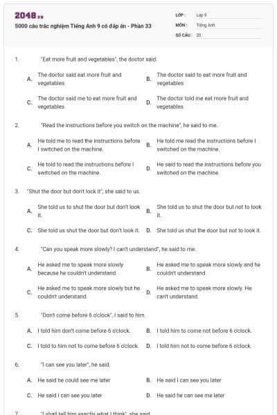 5000 câu trắc nghiệm Tiếng Anh 9 có đáp án - Phần 33