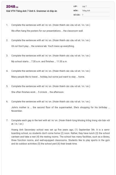 Giải VTH Tiếng Anh 7 Unit 6. Grammar có đáp án