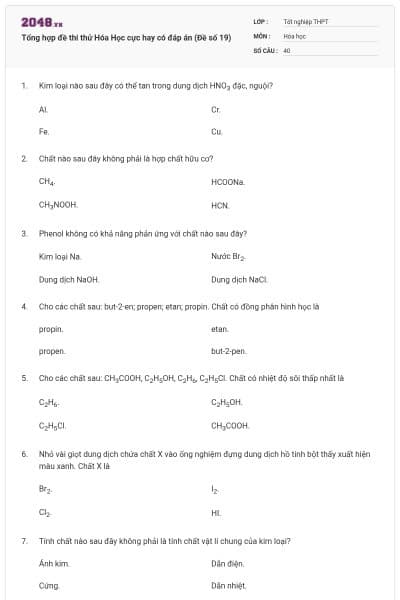 Tổng hợp đề thi thử Hóa Học cực hay có đáp án (Đề số 19)