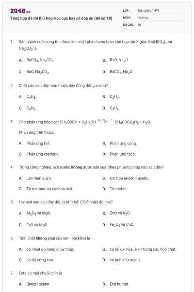 Tổng hợp đề thi thử Hóa Học cực hay có đáp án (Đề số 18)