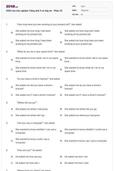 5000 câu trắc nghiệm Tiếng Anh 9 có đáp án - Phần 34