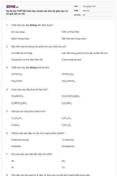 Đề thi thử THPTQG Hóa Học chuẩn cấu trúc bộ giáo dục có lời giải (Đề số 18)