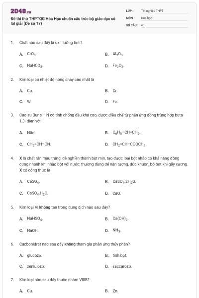 Đề thi thử THPTQG Hóa Học chuẩn cấu trúc bộ giáo dục có lời giải (Đề số 17)