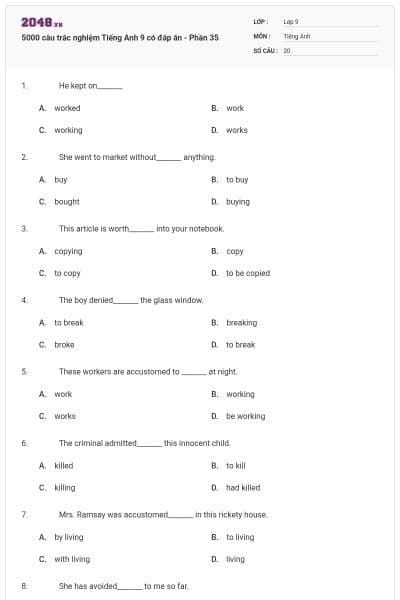 5000 câu trắc nghiệm Tiếng Anh 9 có đáp án - Phần 35