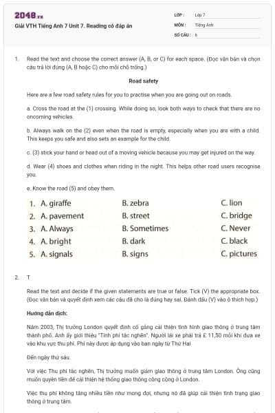 Giải VTH Tiếng Anh 7 Unit 7. Reading có đáp án