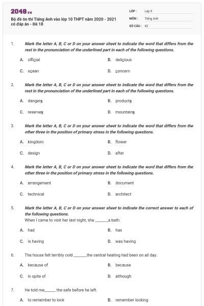 Bộ đề ôn thi Tiếng Anh vào lớp 10 THPT năm 2020 - 2021 có đáp án - Đề 18
