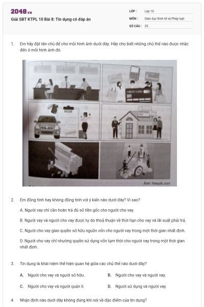 Giải SBT KTPL 10 Bài 8: Tín dụng có đáp án