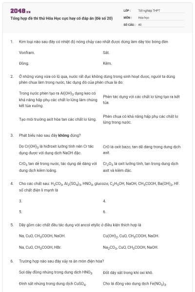 Tổng hợp đề thi thử Hóa Học cực hay có đáp án (Đề số 20)