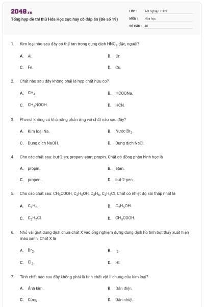 Tổng hợp đề thi thử Hóa Học cực hay có đáp án (Đề số 19)