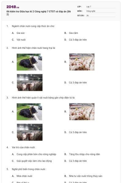 Đề kiểm tra Giữa học kì 2 Công nghệ 7 CTST có đáp án (Đề 2)