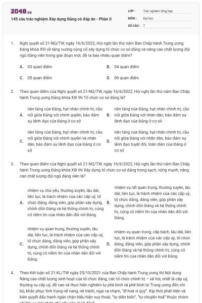145 câu trắc nghiệm Xây dựng Đảng có đáp án - Phần II