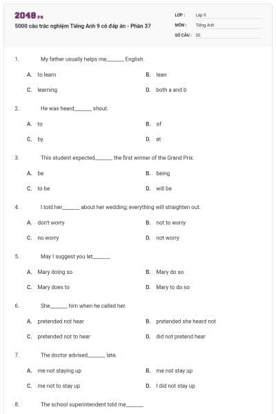 5000 câu trắc nghiệm Tiếng Anh 9 có đáp án - Phần 37