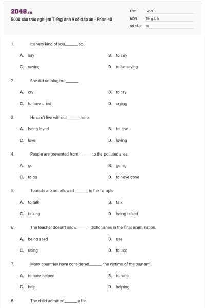 5000 câu trắc nghiệm Tiếng Anh 9 có đáp án - Phần 40