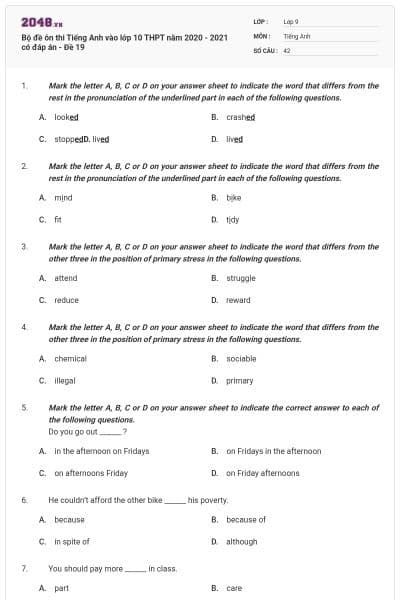 Bộ đề ôn thi Tiếng Anh vào lớp 10 THPT năm 2020 - 2021 có đáp án - Đề 19