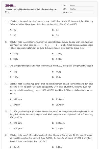 100 câu trắc nghiệm Amin - Amino Axit - Protein nâng cao (P1)
