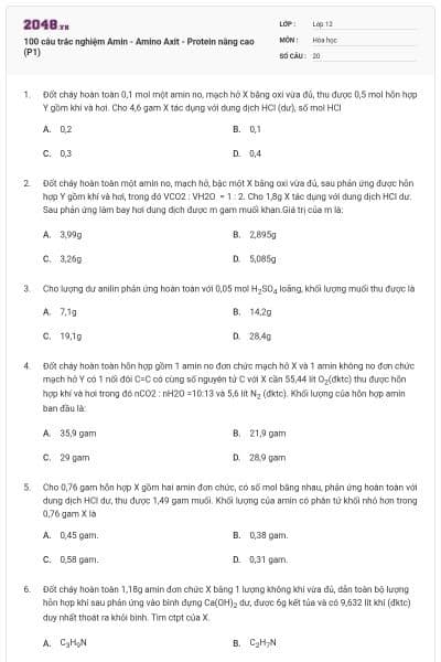100 câu trắc nghiệm Amin - Amino Axit - Protein nâng cao (P1)