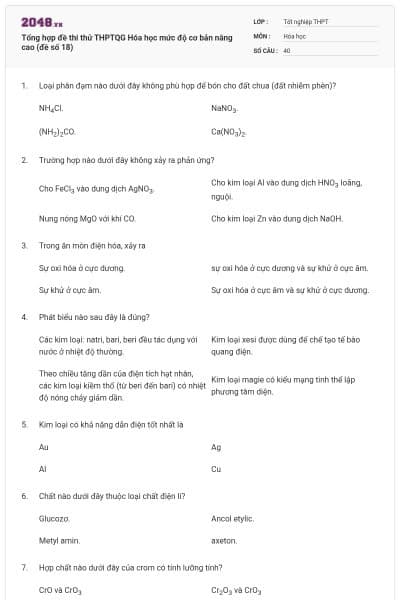 Tổng hợp đề thi thử THPTQG Hóa học mức độ cơ bản nâng cao (đề số 18)