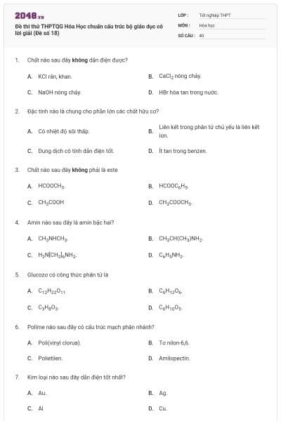 Đề thi thử THPTQG Hóa Học chuẩn cấu trúc bộ giáo dục có lời giải (Đề số 18)