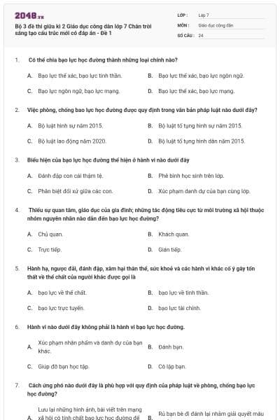 Bộ 3 đề thi giữa kì 2 Giáo dục công dân lớp 7 Chân trời sáng tạo cấu trúc mới có đáp án - Đề 1